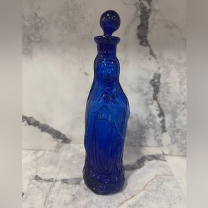 Vintage Glass Virgin Mary Figural Decanter Stopper Handle Cobalt Blue